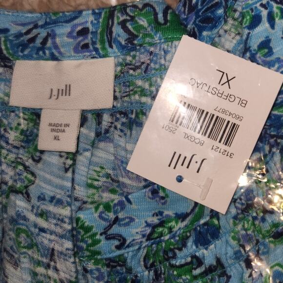 J.Jill $69 XL Blue Lagoon Teal Floral Printed Smocked Cotton Tencel Modal Top - Picture 8 of 11